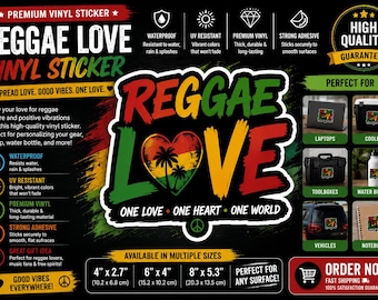 Sticker vinyle Reggae Love | Coeur rasta, palmiers, message Unity