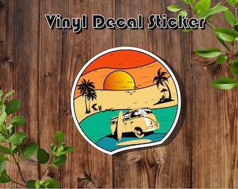 Surf Sticker | Sunset Beach | Palm Tree | Retro Vintage | VW Sticker | 3.5" Vinyl Sticker