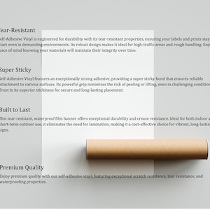 May include: A white sheet of self-adhesive vinyl partially rolled into a brown cardboard tube. The text on the left lists features: Tear-Resistant, Super Sticky, Built to Last, and Premium Quality, describing durability, adhesive strength, and resistance.