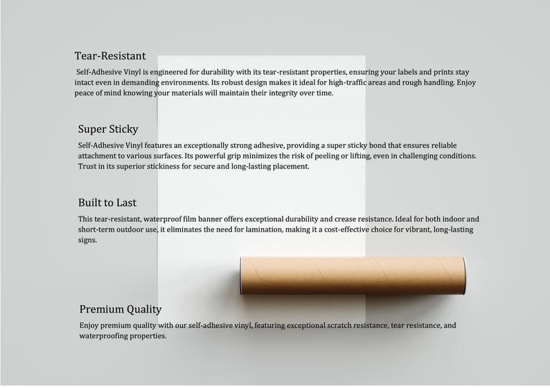 May include: A white sheet of self-adhesive vinyl partially rolled into a brown cardboard tube. The text on the left lists features: Tear-Resistant, Super Sticky, Built to Last, and Premium Quality, describing durability, adhesive strength, and resistance.