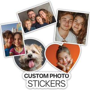 May include: A collection of custom photo stickers in various shapes, including rectangular, circular, and heart-shaped. The stickers feature family portraits, a dog, and the text "CUSTOM PHOTO STICKERS" in a bold, black font.