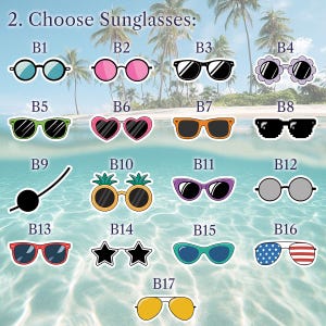 Puede incluir: Una variedad de gafas de sol en varios estilos y colores, incluyendo monturas redondas, en forma de coraz&oacute;n y de estrella. La imagen presenta una variedad de dise&ntilde;os, como lentes negros, rosas y azules, con el texto "2. Choose Sunglasses:" en la parte superior.
