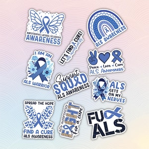 10pcs ALS Awareness Sticker Pack – ALS Warrior, ALS-Blue Ribbon, Awareness is Power, Support Squad, Spread Hope And Fight for a Cure