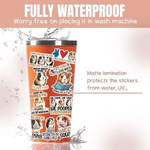 May include: A stainless steel tumbler with a variety of colorful stickers featuring guinea pigs and humorous sayings. The stickers include phrases like "Guinea Pigs Make Me Happy", "It's Guinea Be A Good Week", "We Came, We Saw, We Pooped Everywhere", and "Easily Distracted By Guinea Pigs". The tumbler is fully waterproof and has a matte lamination to protect the stickers from water and UV damage.