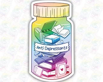 Bookish Sticker Kindle Stickers Book Lover Books In A Bottle Anti Depressants Rainbow Sticker,For Water Bottles, Laptop, Kindle, Car