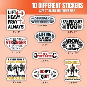 May include: Ten different weightlifting themed stickers with motivational quotes. The stickers are printed on white paper with black, red, and blue lettering. The stickers are all approximately 2 inches in size.