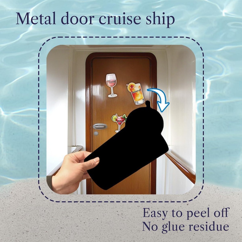 May include: A set of decorative magnets for a metal cruise ship door, featuring illustrations of a wine glass, a cocktail, and a tropical drink. The magnets are designed to be easy to peel off without leaving any glue residue on the surface.