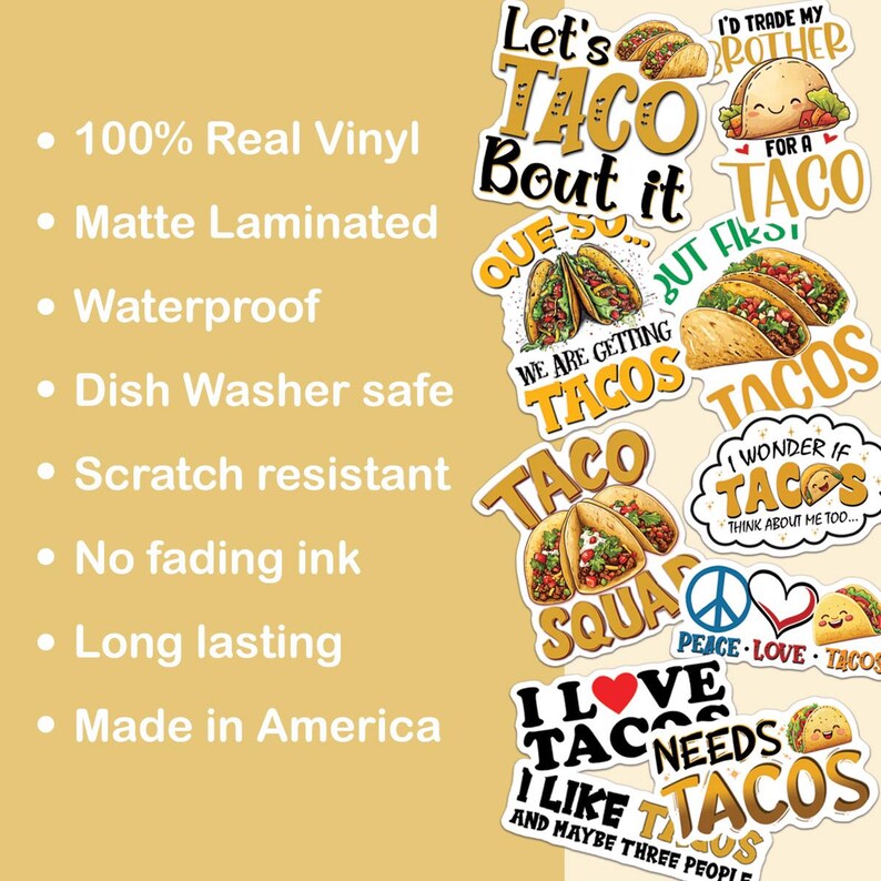 K&ouml;nnte beinhalten: Eine Sammlung farbenfroher Taco-Vinyl-Aufkleber mit verschiedenen Spr&uuml;chen und Taco-Illustrationen. Die Aufkleber sind matt laminiert, wasserdicht und kratzfest. Auf den Aufklebern stehen S&auml;tze wie &bdquo;Let's Taco Bout it&ldquo; und &bdquo;I love tacos&ldquo;.