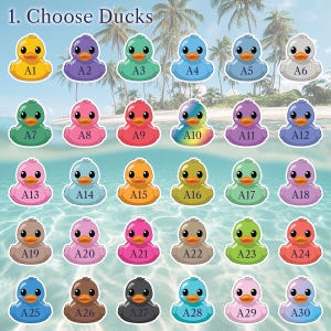 Puede incluir: Una selecci&oacute;n de 30 pegatinas de patos coloridos, cada una con un color y dise&ntilde;o &uacute;nicos, dispuestas en filas. El texto "1. Choose Ducks" est&aacute; en la parte superior. Los patos est&aacute;n numerados de A1 a A30, con un fondo de playa y oc&eacute;ano.