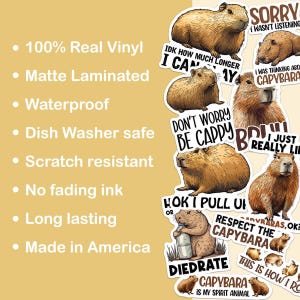 Op de afbeelding: Een set van negen capybara-thema vinyl stickers met verschillende ontwerpen en spreuken. De stickers bevatten illustraties van capybaras in verschillende poses en bevatten zinnen als "Maak je geen zorgen, wees Cappy", "Respecteer de capybara" en "Capybara is mijn spiritdier".