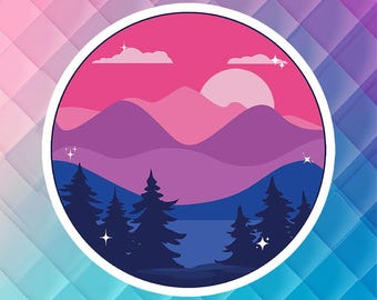 May include: A circular sticker with a pink, purple, and blue mountain landscape with a white sun and clouds. The sticker has a white border and is on a blue and pink background.