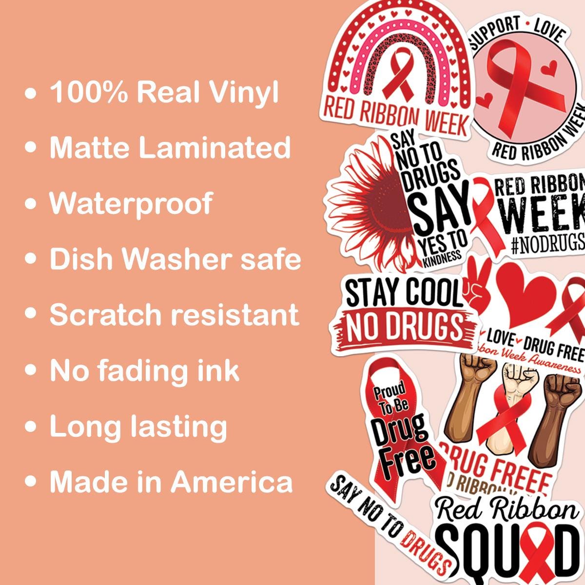 Drug Decals 10pcs Red Ribbon Stickers, Red Ribbon Week Drug Free Awareness Decals ...