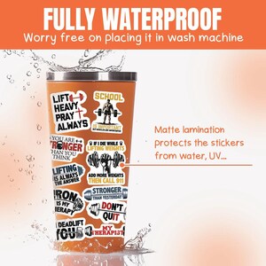 May include: Orange stainless steel tumbler with motivational fitness stickers. The stickers feature phrases like "Lift Heavy Pray Always", "You Are Stronger Than You Think", "Iron Is My Therapy", and "Don't Quit My Therapist". The tumbler is waterproof and has a matte lamination to protect the stickers from water and UV damage.