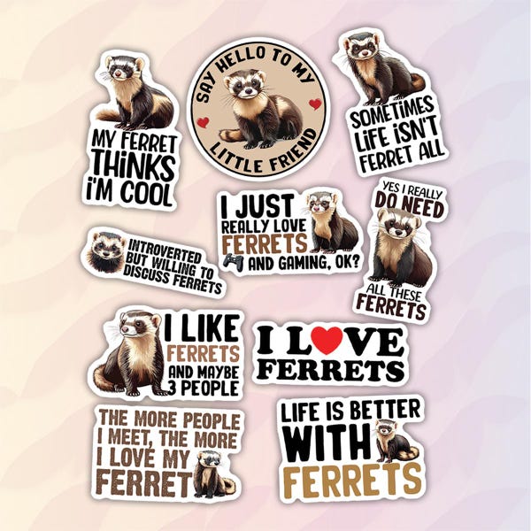 10pcs Ferret Stickers Pack, Kawaii Ferret Stickers, Furry Ferret, Intelligent Ferret, Ferret Caregiver, Ferret Owner Gift,  Wildlife Sticker