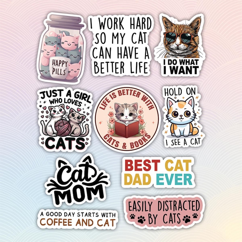 10pcs Cute Cat Stickers Pack, Cute Cat Lover Gift, Cat Mom Sticker, Cat ...