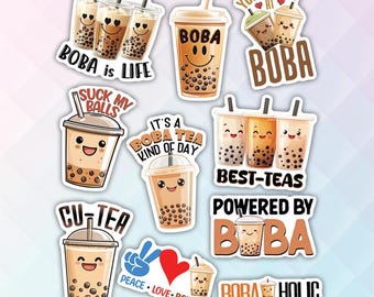 10pcs Bubble Tea Sticker Pack – Powered by Boba, Boba Holic, Boba is Life, Kawaii Boba Stickers, Boba Tea Lovers, Cute Bubble Tea Stickers