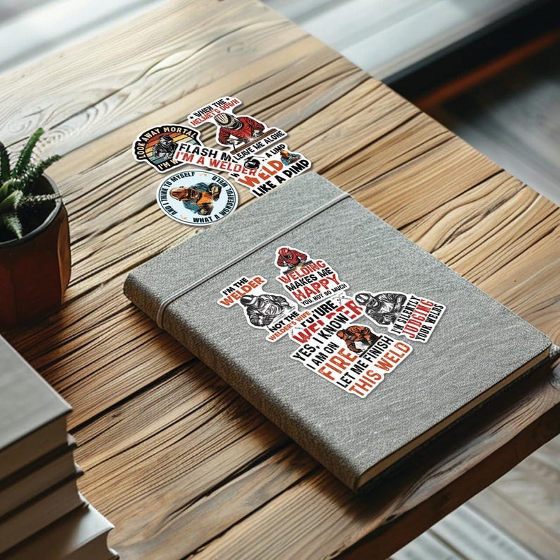 May include: A set of eight colorful stickers featuring a welder with the text "I'm the welder, welding makes me happy, not the welder's future, yes I know I am on fire, let me finish this weld, I'm silently judging your welds".