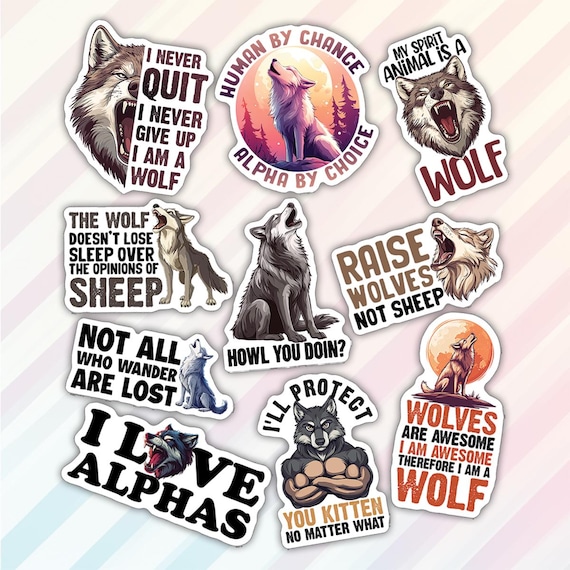 10pcs Wolf Sticker Pack, Alpha Wolf Decals, Wilderness Wolves, Spirit Animal Stickers, Nature and Freedom Aesthetic, Wild Adventure Set