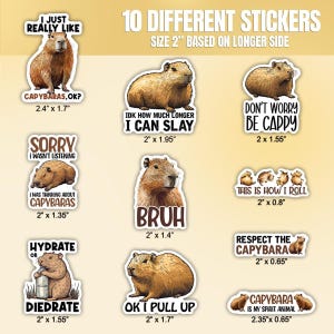 Op de afbeelding: Tien verschillende capybara-thema stickers met verschillende zinnen en ontwerpen. De stickers zijn 5 cm groot, gebaseerd op de langere zijde. De stickers bevatten zinnen zoals "Ik hou echt van capybara's", "Maak je geen zorgen, wees een capybara", "Respecteer de capybara" en "Capybara is mijn spiritdier".