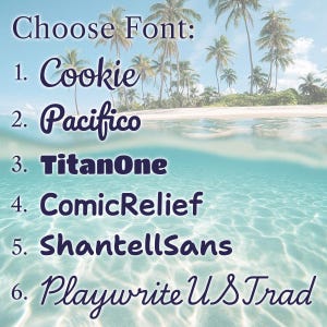 May include: A list titled Choose Font with six numbered options displayed over a tropical beach scene. The font names are 1. Cookie, 2. Pacifico, 3. TitanOne, 4. ComicRelief, 5. ShantellSans, and 6. PlaywriteUSTrad, all written in dark blue text.