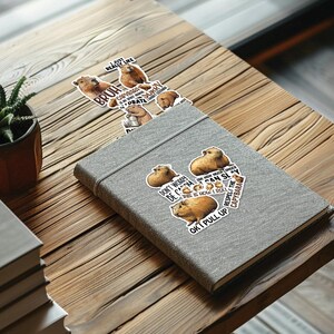 Op de afbeelding: Een set stickers met capybara's met verschillende humoristische spreuken. De stickers zijn gedrukt op wit papier met een glanzende afwerking. De spreuken zijn: "Ik hou echt van capybara's", "Bruh", "Maak je geen zorgen, wees een capybara", "Ik weet niet hoe lang ik nog kan slachten", "Dit is hoe ik rol", "Respecteer de capybara" en "Ok&eacute;, ik kom eraan".