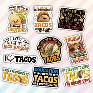 K&ouml;nnte beinhalten: Eine Sammlung farbenfroher Aufkleber zum Thema Tacos mit verschiedenen Phrasen. Designs umfassen Cartoon-Tacos mit Gesichtern, den Text "I wish I was full of tacos" und "I love tacos". Andere Aufkleber sagen "Taco Tuesday" und "Tacocat".