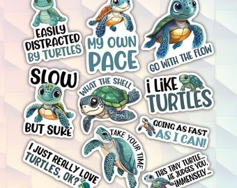 10pcs Turtle Stickers Pack, Sea Turtle Stickers, Kawaii Turtle Sticker, Turtle Lover Decal, Baby Turtle Stickers, Marine Animal Sticker