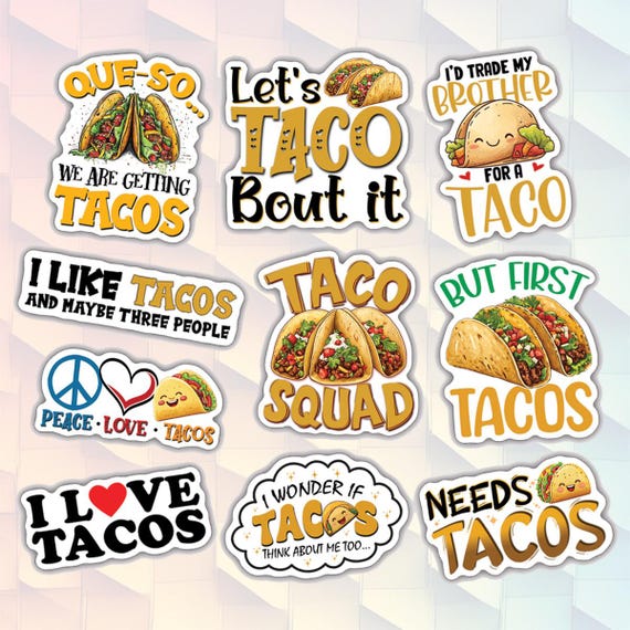 10pcs Taco Lover Sticker Pack, Taco Time, Taco Fiesta, Taco Heaven, Let’s Taco Bout It, Life's Better with Tacos Decal for Ultimate Taco Fan