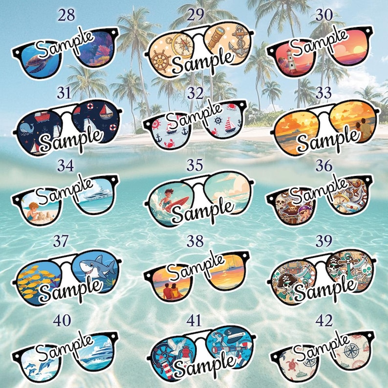 May include: A collection of sunglasses stickers with various designs. Each pair of sunglasses has a black frame and features a different beach-themed illustration, such as a sailboat, lighthouse, or sunset. The word "Sample" is printed on each pair.
