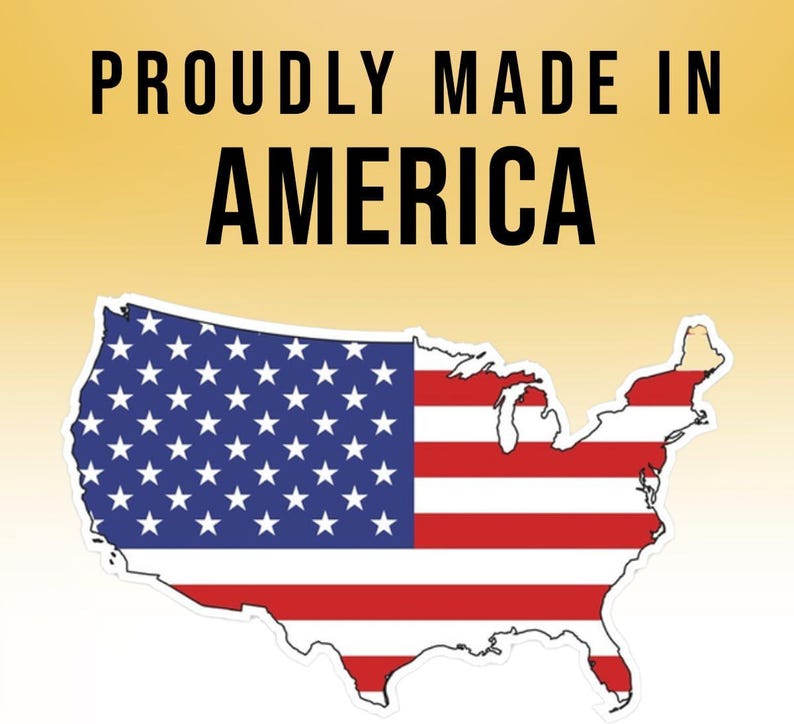 May include: A graphic with the text "Proudly Made in America" in black text on a yellow background. A white outline of the United States of America is below the text, with the American flag colors inside the outline.