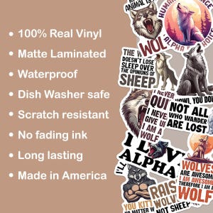 Puede incluir: Un conjunto de nueve pegatinas de vinilo con tem&aacute;tica de lobos con varios dise&ntilde;os y lemas. Las pegatinas presentan un lobo aullando a la luna, un lobo con una corona, un lobo con una cita sobre no ser oveja, y otros dise&ntilde;os relacionados con los lobos. Las pegatinas est&aacute;n hechas de vinilo 100% real y son impermeables, resistentes a los ara&ntilde;azos y aptas para el lavavajillas.
