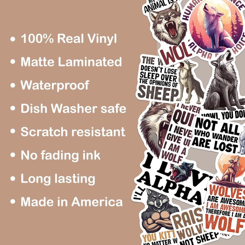 Puede incluir: Un conjunto de nueve pegatinas de vinilo con tem&aacute;tica de lobos con varios dise&ntilde;os y lemas. Las pegatinas presentan un lobo aullando a la luna, un lobo con una corona, un lobo con una cita sobre no ser oveja, y otros dise&ntilde;os relacionados con los lobos. Las pegatinas est&aacute;n hechas de vinilo 100% real y son impermeables, resistentes a los ara&ntilde;azos y aptas para el lavavajillas.