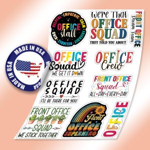 May include: A set of 10 colorful stickers with various office-themed designs. The stickers feature phrases like "Office Squad", "Office Crew", and "Front Office Superhero".