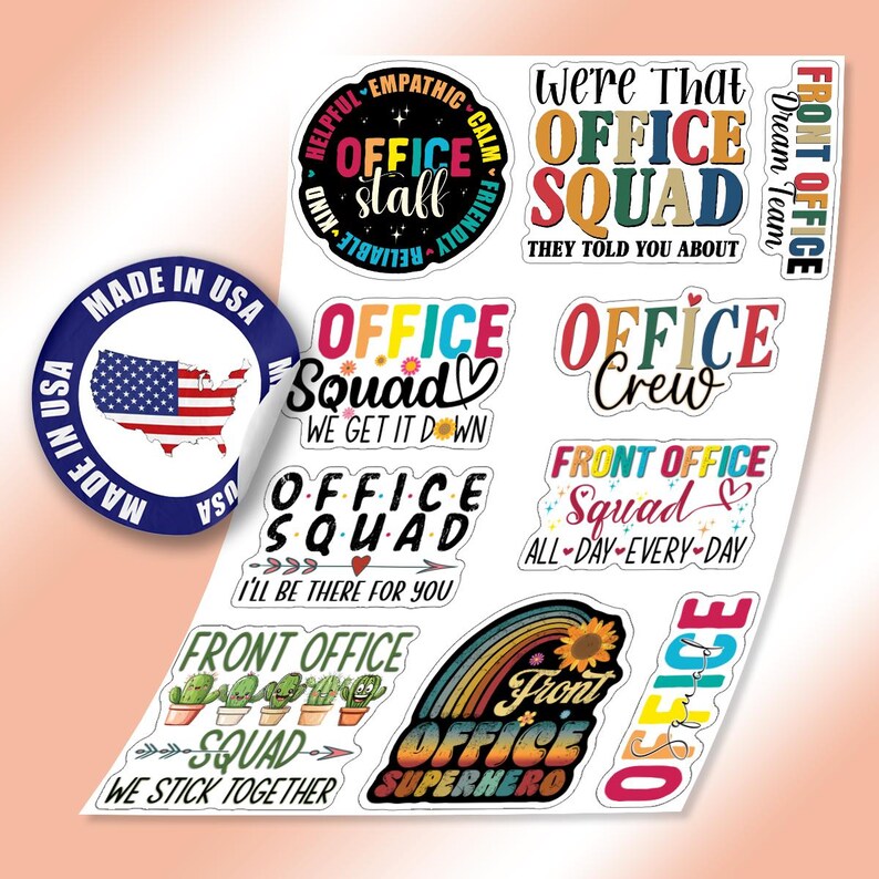 May include: A set of 10 colorful stickers with various office-themed designs. The stickers feature phrases like "Office Squad", "Office Crew", and "Front Office Superhero".