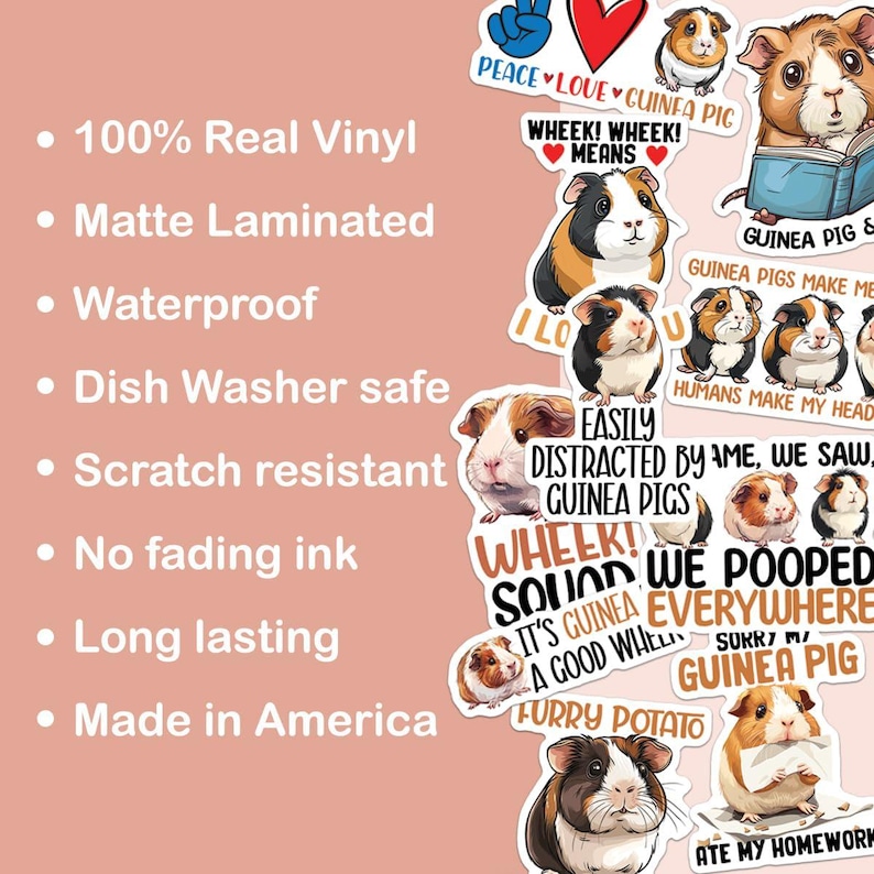May include: A set of 10 vinyl stickers featuring cute guinea pigs with funny sayings. The stickers are waterproof, dishwasher safe, and scratch resistant. They are made in America and feature bright colors and bold text.
