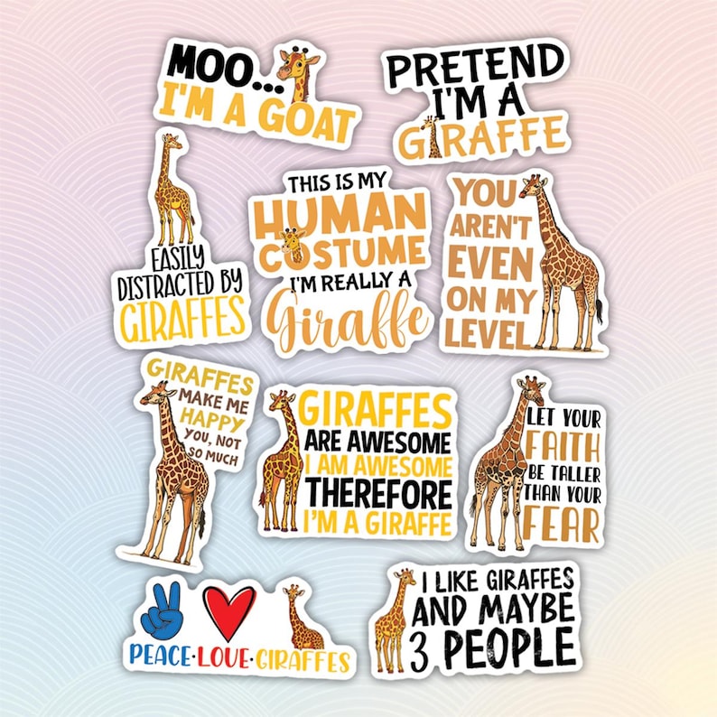 10pcs Giraffe Stickers, Cute Giraffe Lover Gifts, Peace-Love-Giraffes Sticker, Funny Giraffe Sticker, Ruminant Mammals, Ruminant Sticker image 1