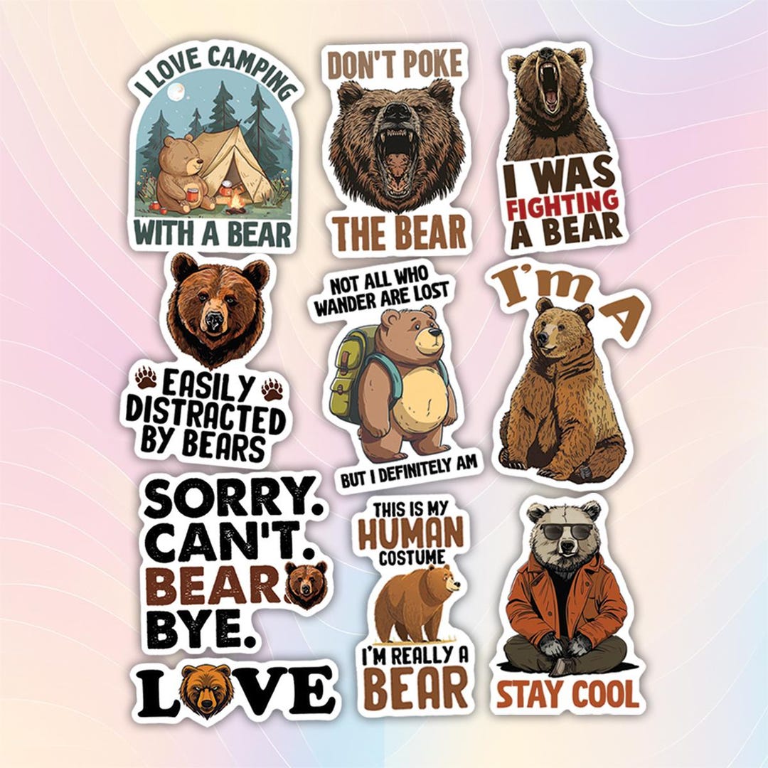 10pcs Bear Stickers Pack, Cute Bear, Camping With Bear, Bear Collector ...