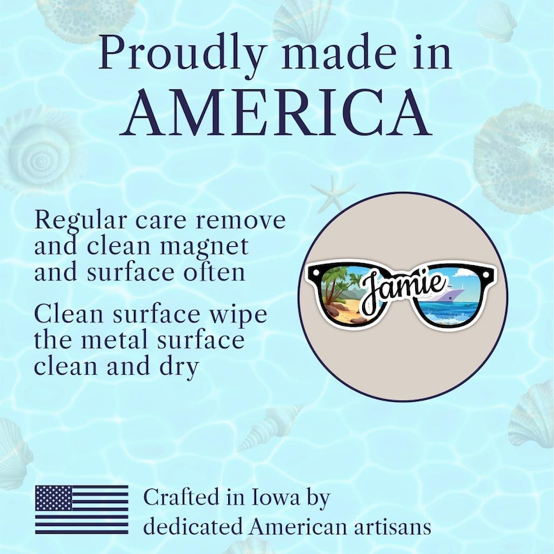 May include: A round magnet with a beach scene inside sunglasses, the name "Jamie" is written on the sunglasses. The magnet is made in America by American artisans. The text on the magnet says to clean the magnet and surface often.
