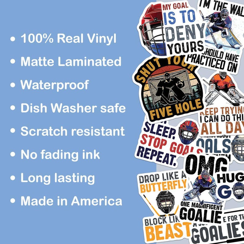 May include: A collection of hockey-themed stickers with various designs and text. The stickers feature hockey players, goalie masks, and phrases like "My goal is to deny yours" and "Shut your five hole." The stickers are made of real vinyl, matte laminated, waterproof, and scratch-resistant.