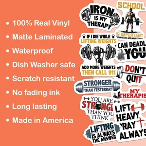 May include: Ten vinyl stickers with motivational quotes about weightlifting. The stickers feature a red, black, and white color scheme with images of barbells and weights. The text on the stickers includes phrases like "Iron is my therapy", "If I die while lifting weights, add more weights then call 911", "Stronger than yesterday", "You are stronger than you think", "Lifting is always the answer", "School is important, but muscles are important", "Can deadlift you", "Don't quit", "My therapist", "Lift heavy, pray always".