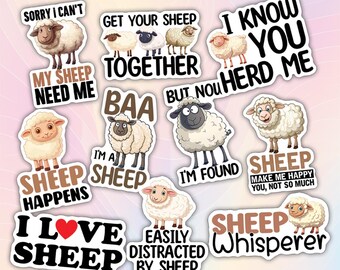 May include: A set of 10 colorful stickers featuring sheep and sheep-related puns. The stickers are printed on white paper with black outlines. The stickers include phrases like "I love sheep", "Sheep Happens", "Get your sheep together", and "I know you herd me".