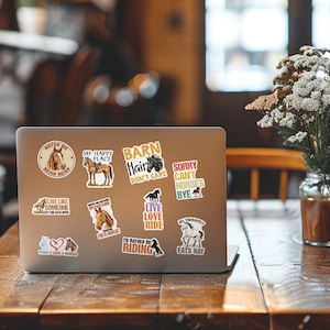 K&ouml;nnte beinhalten: Ein Laptop-Computer mit einer Vielzahl von Pferdemotiven-Aufklebern. Die Aufkleber zeigen S&auml;tze wie "Watch Me Neigh Neigh", "My Happy Place", "Barn Hair Don't Care", "Sorry Can't Horses Bye", "Live Like Someone Left The Gate Open", "Horses Are Awesome I'm A Horse", "Live Love Ride", "I'd Rather Be Riding", und "My Therapist Eats Hay".