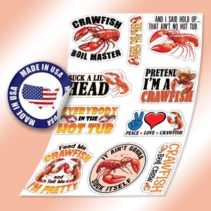 May include: A set of 10 crawfish themed stickers with various sayings, including "Suck a Lil Head", "Pretend I'm a Crawfish", and "Everybody in the Hot Tub". The stickers are printed on white paper with a glossy finish.