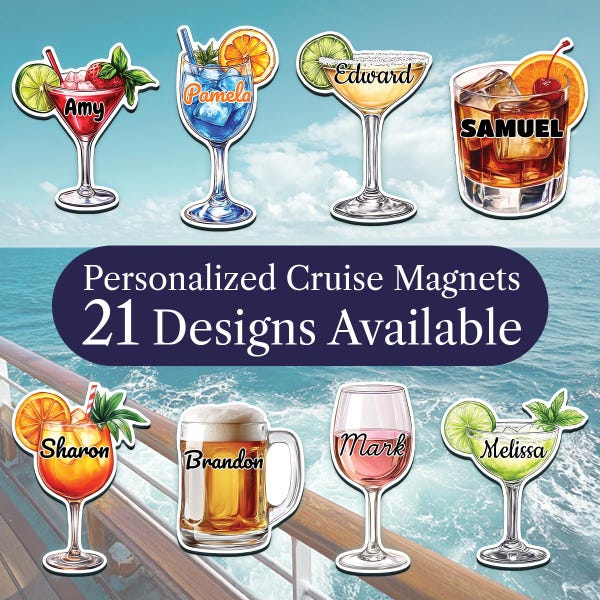 Personalized Cruise Door Magnet, Tropical Drink Glasses, Family Cruise, Multiple Design for Cabin Door Sign, Cruise Vacation, Cruise Gift