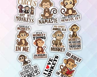 10pcs Monkey Sticker Pack, Baby Monkey Decals, Cute Jungle Animal Stickers, Tropical Wildlife Set, Adventure Monkey Theme, Cartoon Monkey