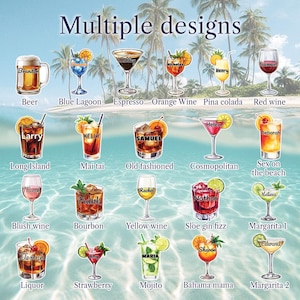 May include: A collection of illustrated cocktail and wine glasses labeled with names and drink types including Beer, Blue Lagoon, Espresso, Orange Wine, Pina Colada, Red Wine, Long Island, Mai Tai, Old Fashioned, Cosmopolitan, Sex on the Beach, Blush Wine, Bourbon, Yellow Wine, Sloe Gin Fizz, Margarita, Liquor, Strawberry, Mojito, Bahama Mama, and Margarita 2.