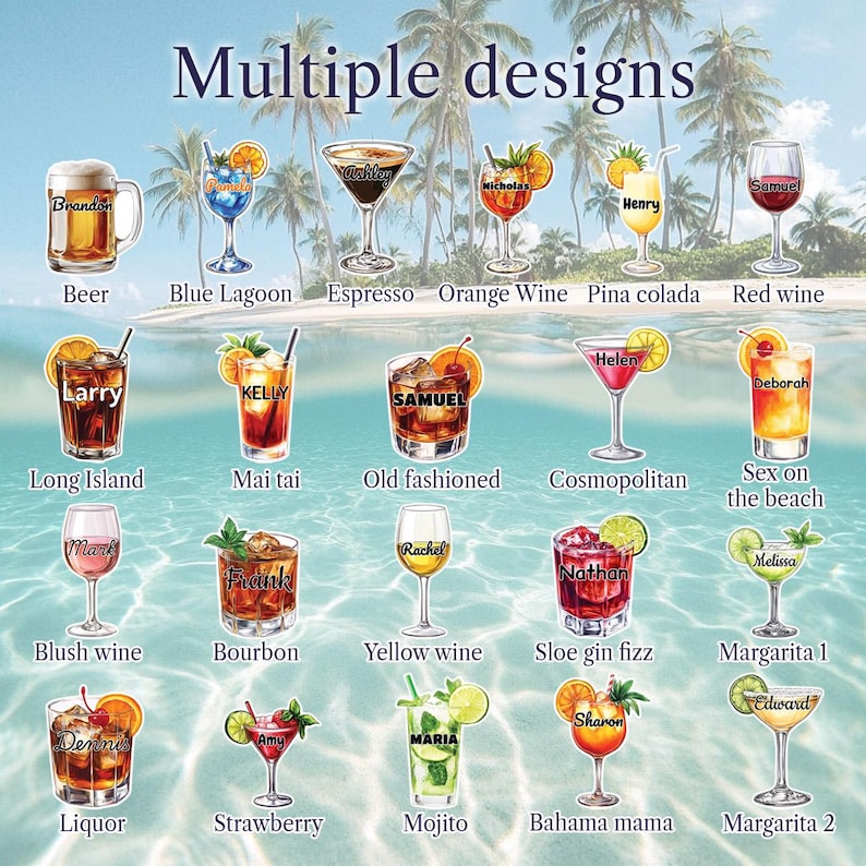 May include: A collection of illustrated cocktail and wine glasses labeled with names and drink types including Beer, Blue Lagoon, Espresso, Orange Wine, Pina Colada, Red Wine, Long Island, Mai Tai, Old Fashioned, Cosmopolitan, Sex on the Beach, Blush Wine, Bourbon, Yellow Wine, Sloe Gin Fizz, Margarita, Liquor, Strawberry, Mojito, Bahama Mama, and Margarita 2.