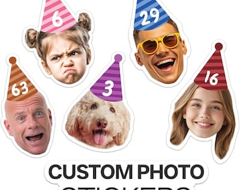 Personalized Birthday Photo Stickers with Party Hat – Custom Face Stickers for Birthday Party Decor, Fun Party Favor Gift for Friends