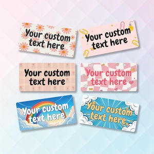 May include: Six rectangular labels with rounded corners, each featuring the placeholder text Your custom text here. Designs include pink daisies, yellow paperclips, a pink plaid pattern, a pink wavy checkerboard, a rainbow, and blue sunburst.