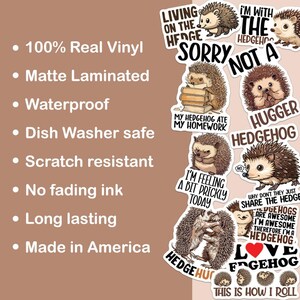 May include: A set of 10 hedgehog themed stickers with various designs and sayings. The stickers are printed on matte laminated vinyl and are waterproof, dishwasher safe, scratch resistant, and have long-lasting ink. The stickers are made in America.